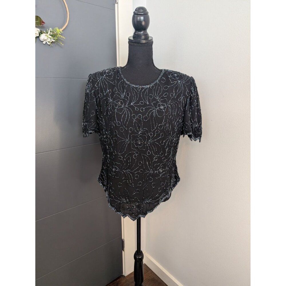 JMD New York Black‎ Beaded Floral Short Sleeve Top XL